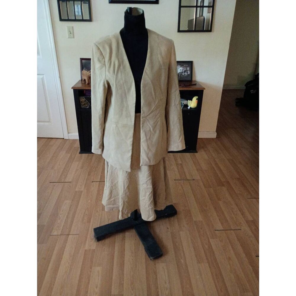 Talbots Tan Faux Suede 2pc Skirt Suit Set Open Front Midi Skirt Lined Size 12